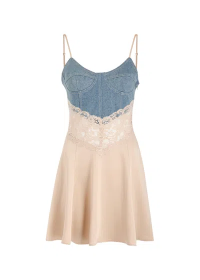 Blumarine Stretch-denim And Satin Mini Dress In Beige