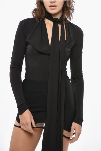Blumarine Stretch Fabric Tie Neck Blouse In Black