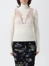 Blumarine Turtleneck Fitted Sweater Lace Detailing In White