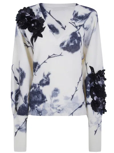 Blumarine Sweater Wool Blend "rose Print And Embroidered" In Neutral
