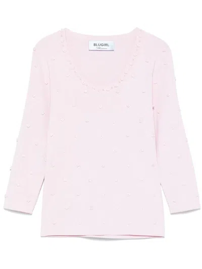 BLUMARINE BLUMARINE PINK CREW-NECK KNITWEAR WITH EMBELLISHMENTS