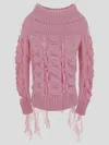 Blumarine Rushed Off-shoulder Knitted Wool Sweater In Pink