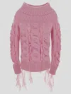 Blumarine Rushed Off-shoulder Knitted Wool Sweater In Pink