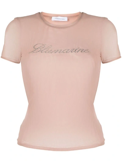 Blumarine T-shirt In Tulle Con Logo  In Beige