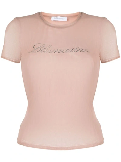 Blumarine Logo-embellishment Mesh T-shirt In Beige