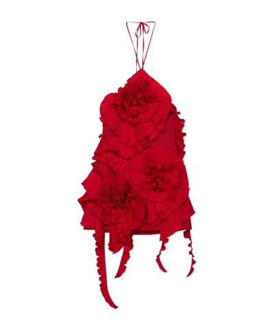 Blumarine Taffeta Dress With 3d Roses In Red