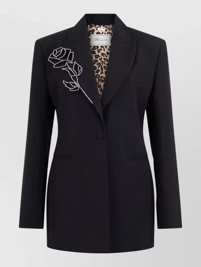 Blumarine Elegant Wool Blazer With Rose Embroidery In Black