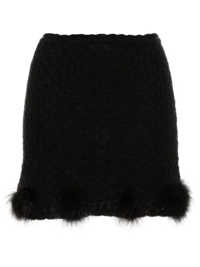 Blumarine Textured Knit Mini Skirt With Whimsical Fur Pom-poms