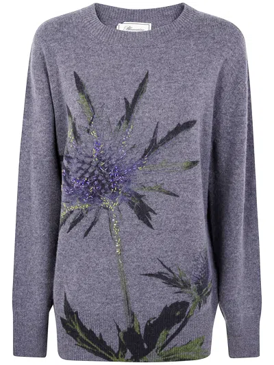 Blumarine "thistle" Print Knit Round Neck Sweater In Gray