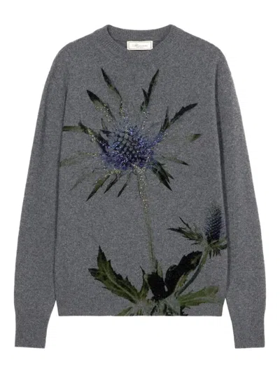 Blumarine "thistle" Print Knit Round Neck Sweaterthistle Print Knit Round Neck Sweater In Gray