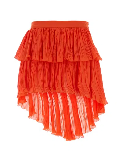 Blumarine Crepe Mini Skirt Asymmetric Hem Ruffles Pleats In Orange
