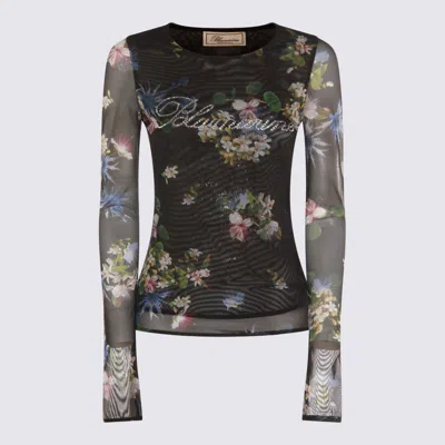 Blumarine Long Sleeve Floral Sheer Top In Black