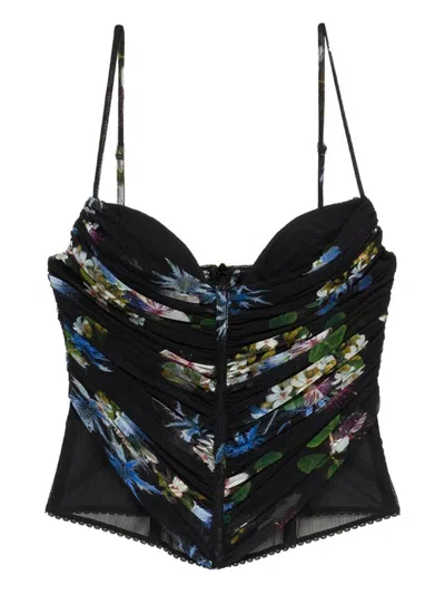 Blumarine Floral-print Ruched Top In Black