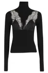Blumarine Turtleneck Knit With Ribbed Texture And Lace Inserts In Black