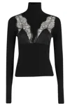 Blumarine Turtleneck Knit With Ribbed Texture And Lace Inserts In Black