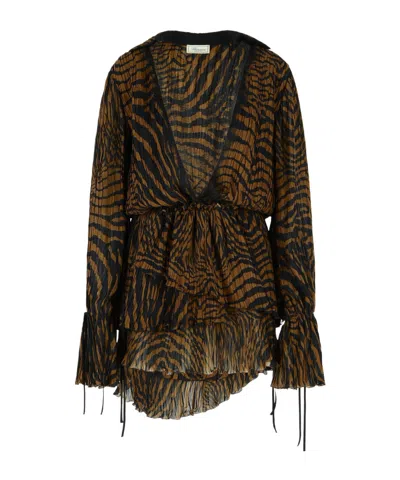 Blumarine V-neck Drawstring Waist Layered Mini Dress In Brown