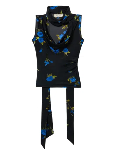 Blumarine V-neck Floral Top In Black