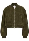 Blumarine Green Cropped Bomber Jacket With Patch Pockets In Cotton Denim Woman In Olive