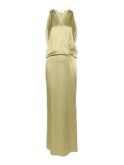 Blumarine V-neck Satin Maxi Dress In Verde