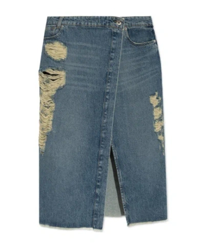 Blumarine Distressed Slit-front Denim Skirt In Blue