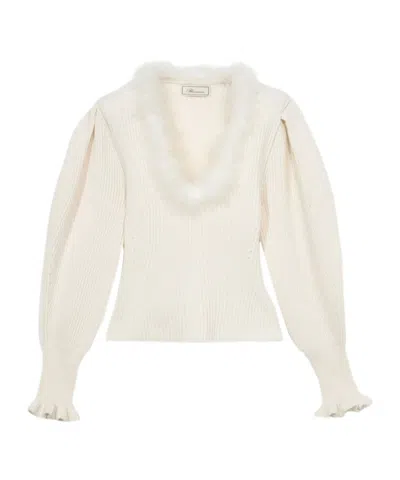 Blumarine V-neck Raw-edge Puff-sleeve Sweater In Black