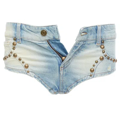 Blumarine Washed Bronze Studded High Cut Micro Shorts In Blue