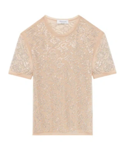 Blumarine Water Drill Embroidered Tulle T-shirt In Nude