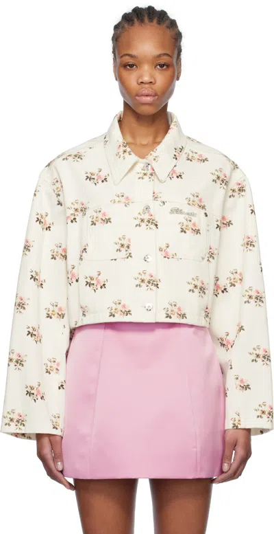 BLUMARINE WHITE & PINK FLORAL PRINT RHINESTONE PIN DENIM JACKET