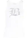 Blumarine Ribbed Tank Top With Rhinestoned Logo In White