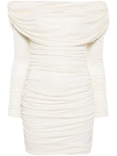 Blumarine Off-shoulder Ruched Mini Dress In Neutrals