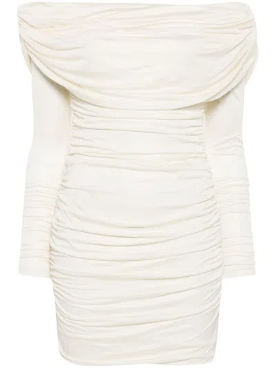 BLUMARINE WHITE OFF-SHOULDER RUCHED MINI DRESS