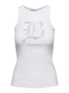 Blumarine Ribbed Tank Top With Rhinestoned Logo In White