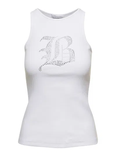 BLUMARINE WHITE RIBBED TANK TOP WITH RHINESTONE LOGO IN COTTON WOMAN