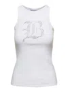 Blumarine Ribbed Tank Top With Rhinestoned Logo In White