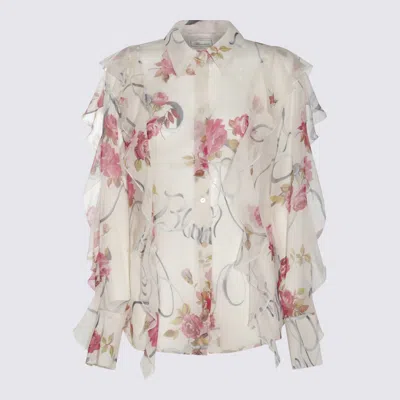 Blumarine Women Floral Silk Chiffon Shirt In White Sw