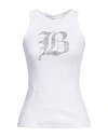 Blumarine Ribbed Tank Top With Rhinestoned Logo In White