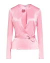 Blumarine Rose Appliquée Belted Long-sleeved Blouse In Pink