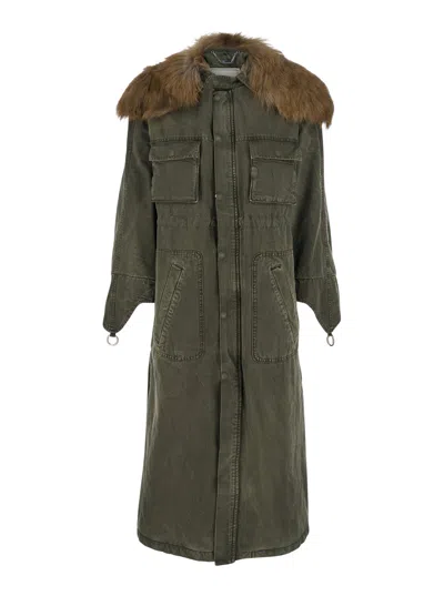 BLUMARINE BLUMARINE WOMEN GREEN LONG COAT WITH REMOVABLE FUR DETAIL IN COTTON WOMAN