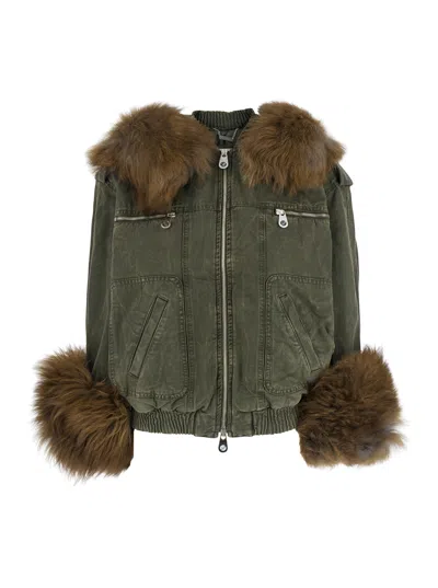 BLUMARINE BLUMARINE WOMEN GREEN JACKET WITH REMOVABLE FUR DETAILS IN COTTON WOMAN