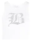 Blumarine Ribbed Tank Top With Rhinestoned Logo In White