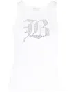 Blumarine Ribbed Tank Top With Rhinestoned Logo In White