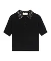 Blumarine Wool Polo Shirt With Gem Embroidery In Black
