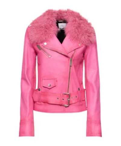 Blumarine Zipper Long-sleeved Leather Jacket In Pink