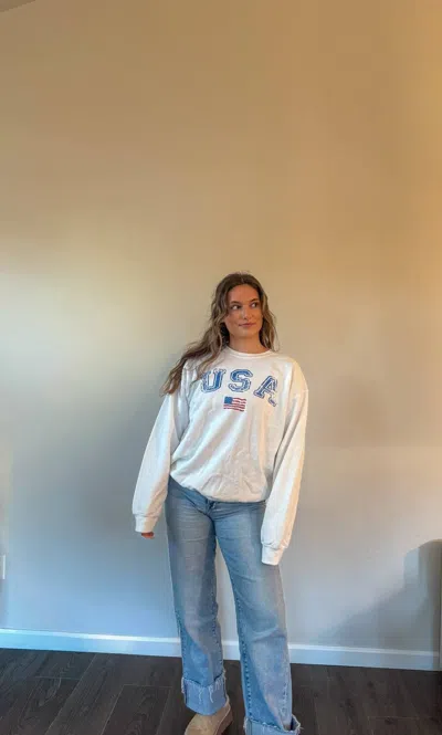 Blume + Co. Washed Usa Flag Crewneck Sweatshirt In White In Multi