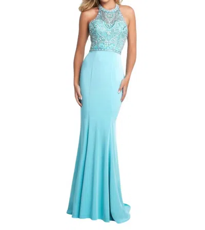 Blush Prom Beaded Bodice Gown With Cascading Ruffled Back In Tiffany In Multi