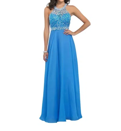 Blush Prom Beaded Bodice High Neck Gown In Iris In Multi