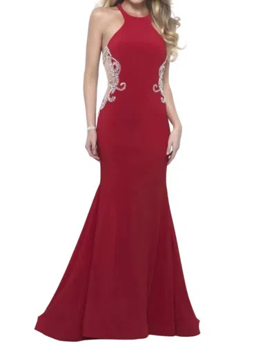 Blush Prom Beaded Jersey Gown With Illusion Cutouts In Valentine In Burgundy