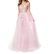 Blush Prom Beaded Lace Appliqued Tulle Deep V-neck Gown In Rose Pink In Pink