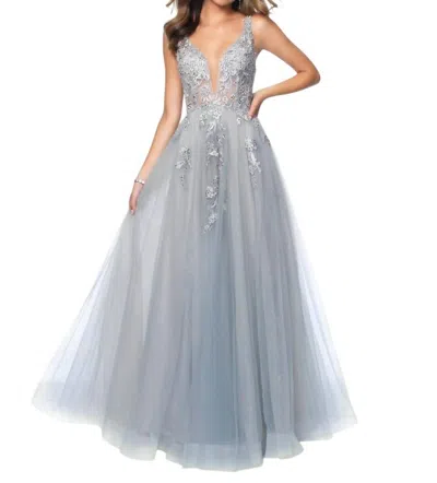 Blush Prom Beaded Lace Appliqued Tulle Deep V-neck Gown In Light Grey In Gray