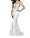 Blush Prom Beaded Lace Halterneck Gown In Diamond White In Multi